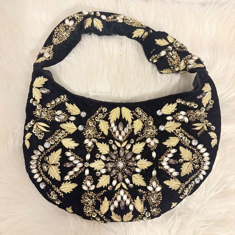 Indian Beaded Black Velvet Intricate Sequin  Gold Jewel Leaf Hobo Bag RN 75343